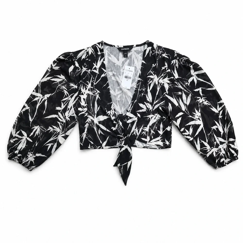 Express Top Women's Medium Black Cropped Front Tie Leaf Print - Picture 1 of 9